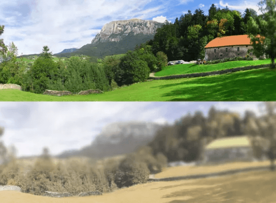 A picture showing a landscape. Top is original, bottom is with a filter applied to emulate cat vision.