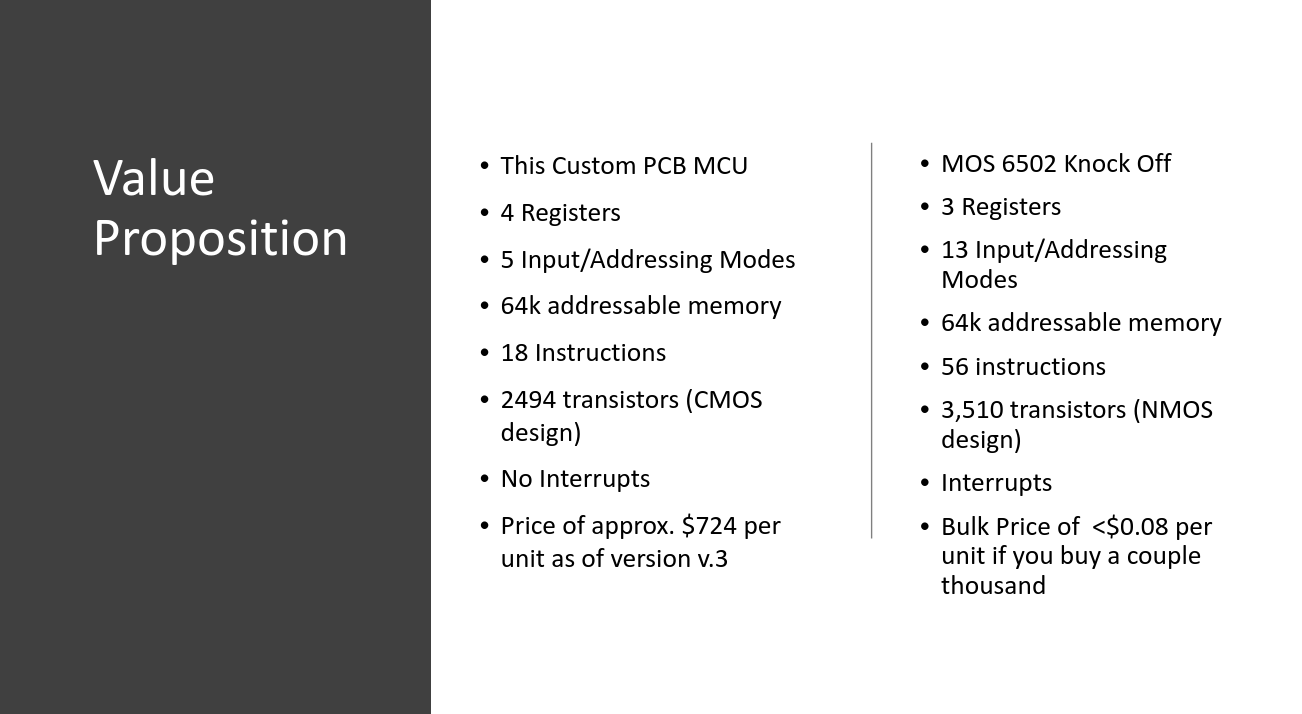 Slide showing how poorly my design compares to the 6502, but that I was proud anyways to have something I made from scratch