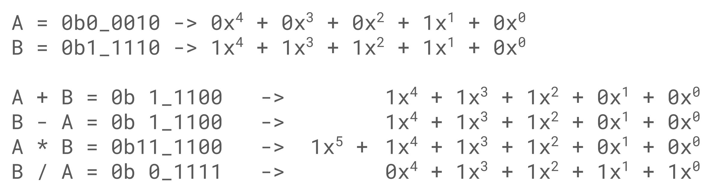 A diagram showing add/sub/mul/div in polynomial GF(2)