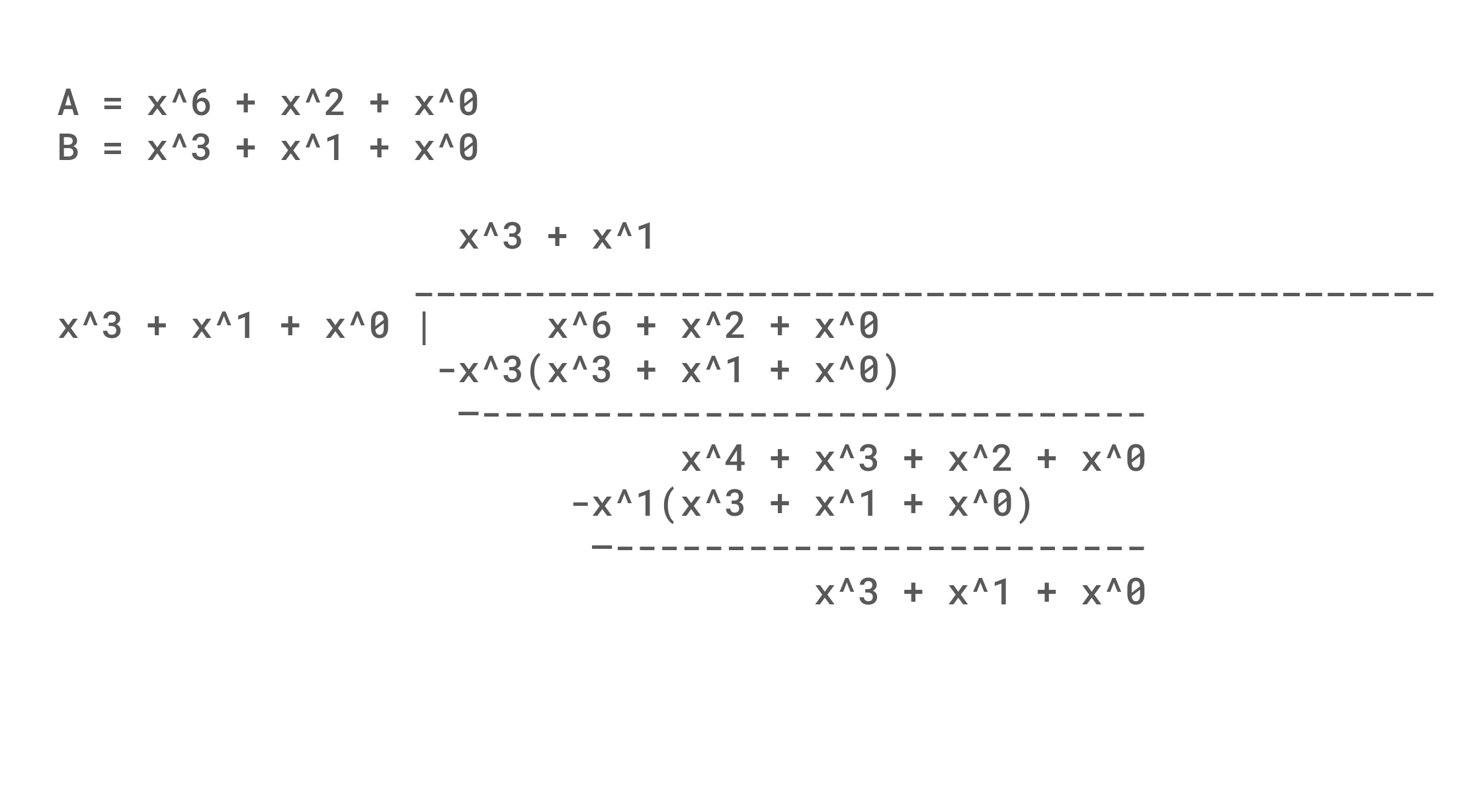 Dividing 0b1000101 by 0b1011 in GF(2) step 2