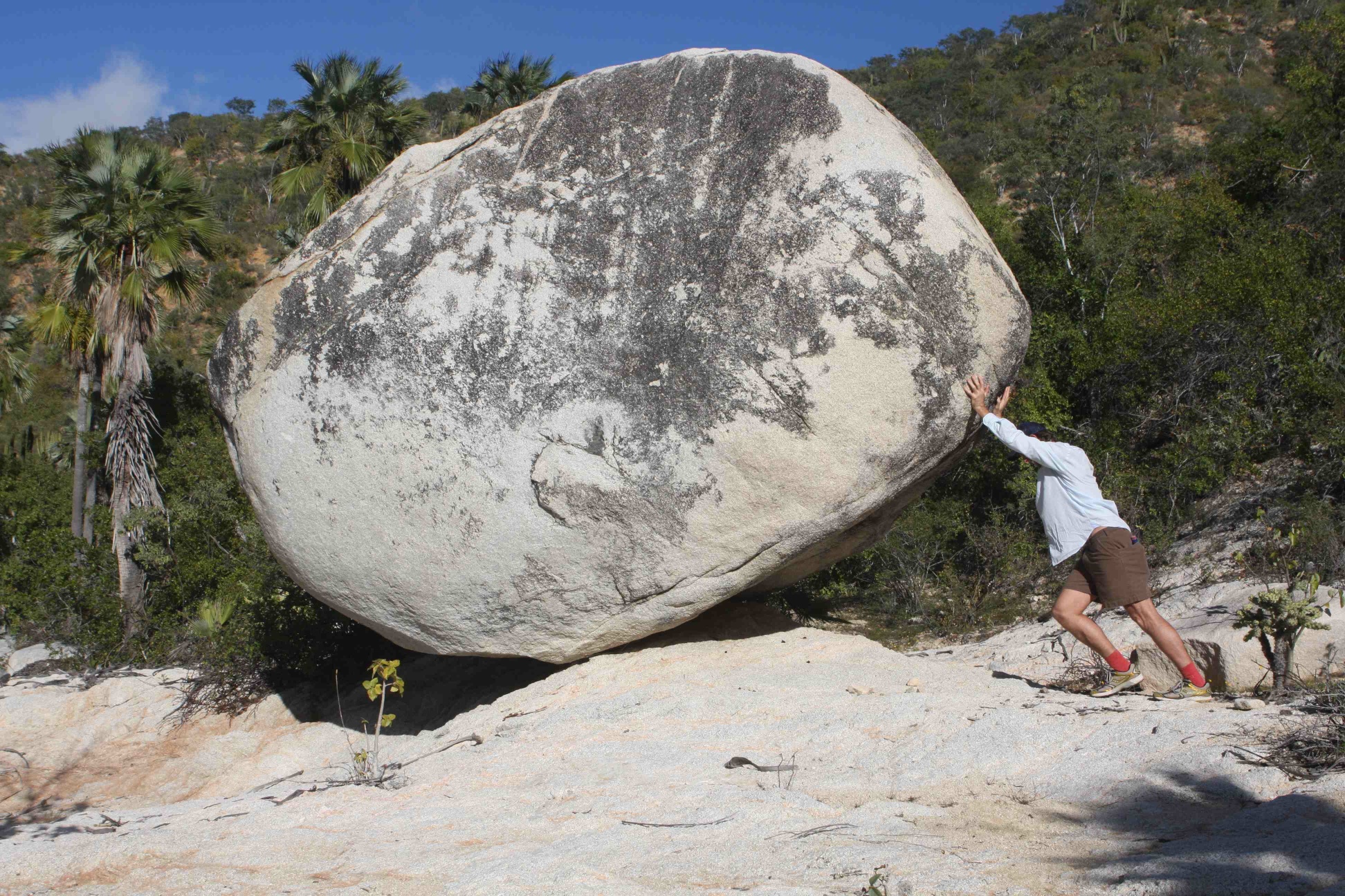 Picture of man attempting to move a boulder.